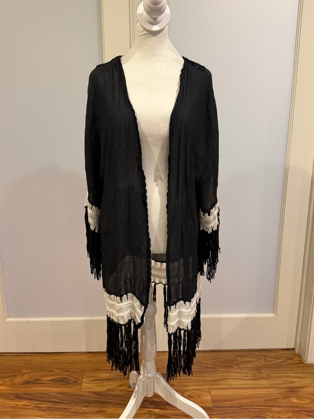 Shoreline Black Open-Front Fringe Cardigan with White Crochet Panels